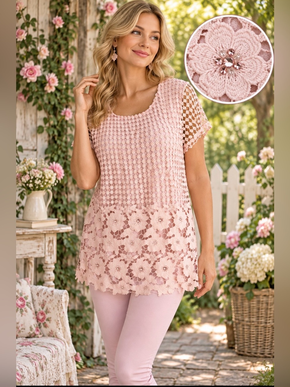 INC designs powder pink crochet front tunic top